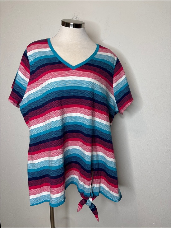 Lane Bryant Tops - Lane Bryant Striped V-Neck Tie-Hem Top in Teal, Navy, Pink & White